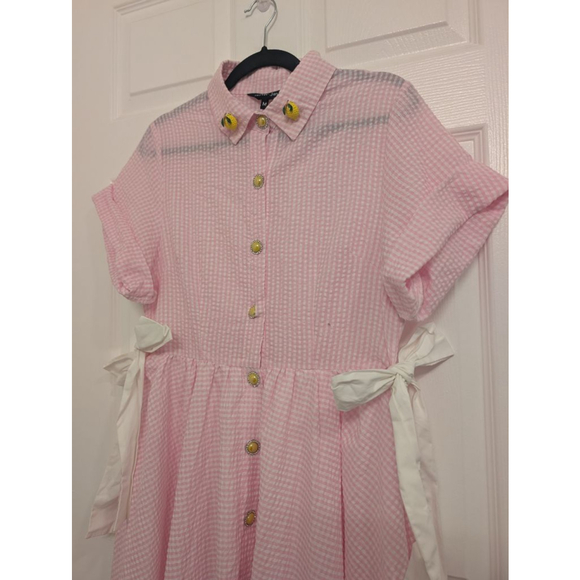 Sister Jane Amalfi Gingham Midi Dress Lemon Pink Seersucker Picnic Easter Tea M - Picture 5 of 12